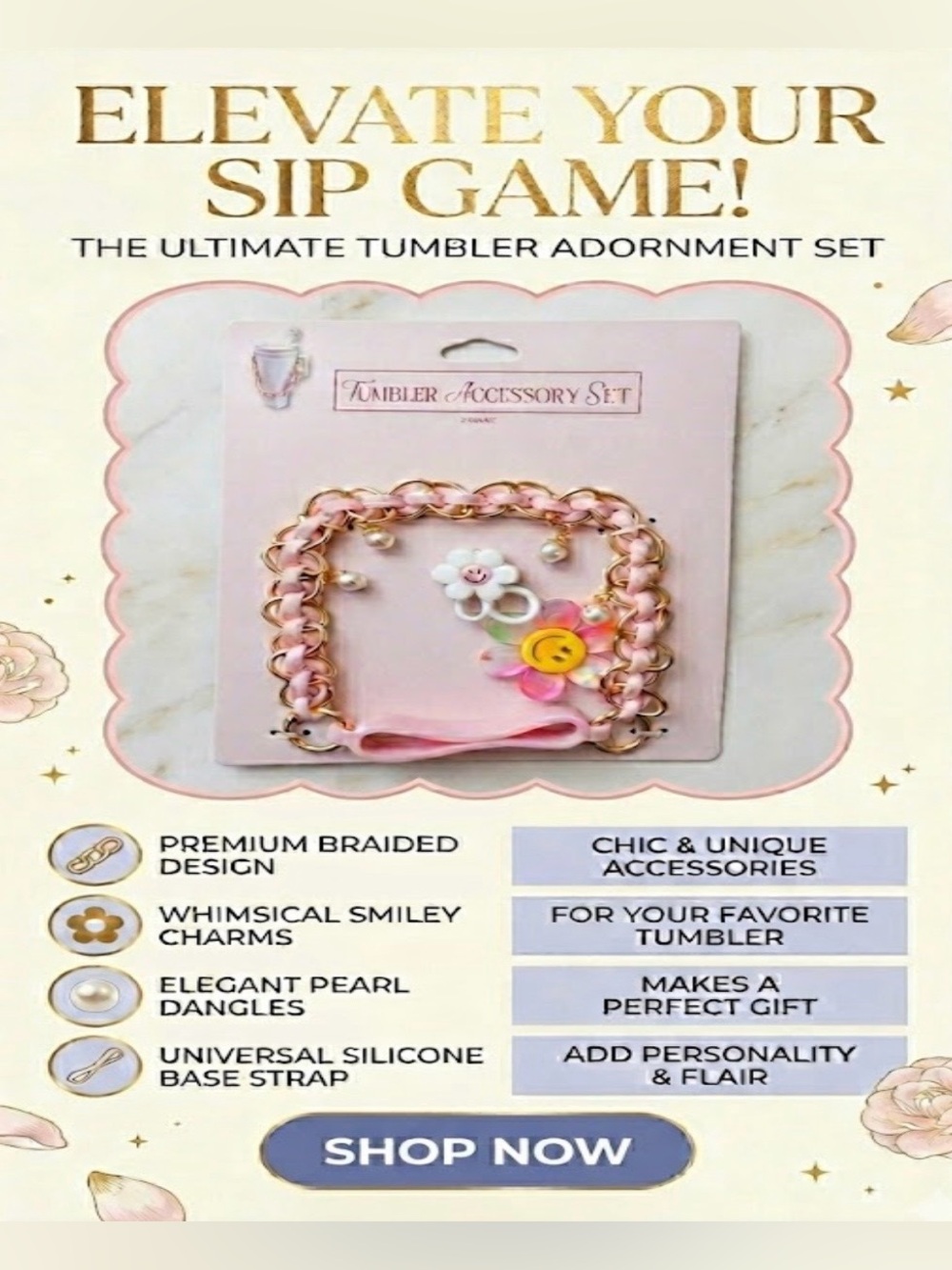 Elevate Your Tumbler Game Accessories, Smiley Charm, Pearl Dangle, Pink